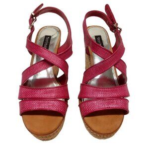 White House/Black Market Womens Size 7M Cork Wedge Heel Open Toe Sandals Fuchsia